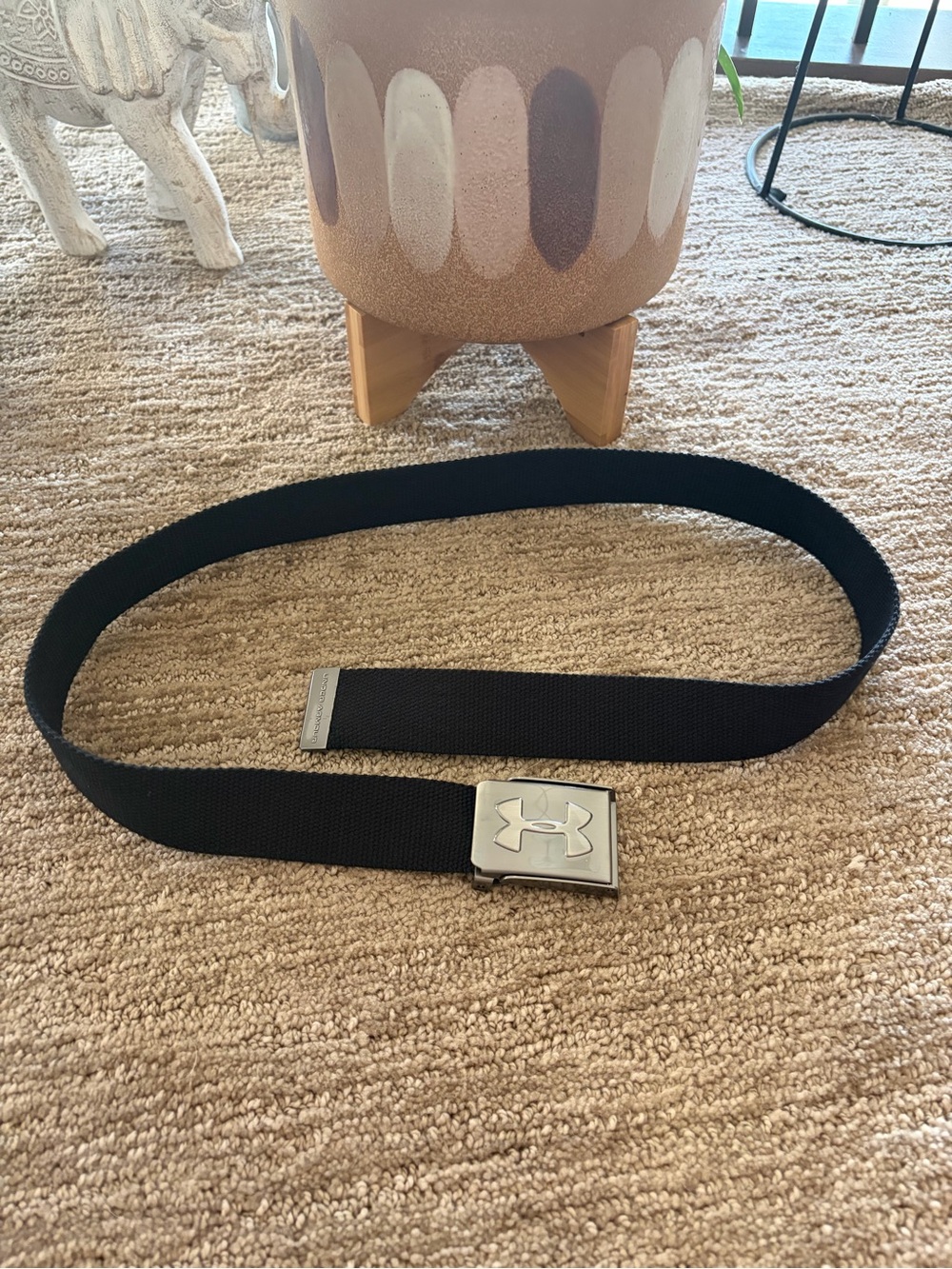 Under Armour Black Web Belt with Metal Logo Buckle approximately 36 1/4 inches.